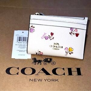COACH Mini Skinny ID Card Case Wallet & Keychain CW967 Heart Print Gold Hrdw NWT